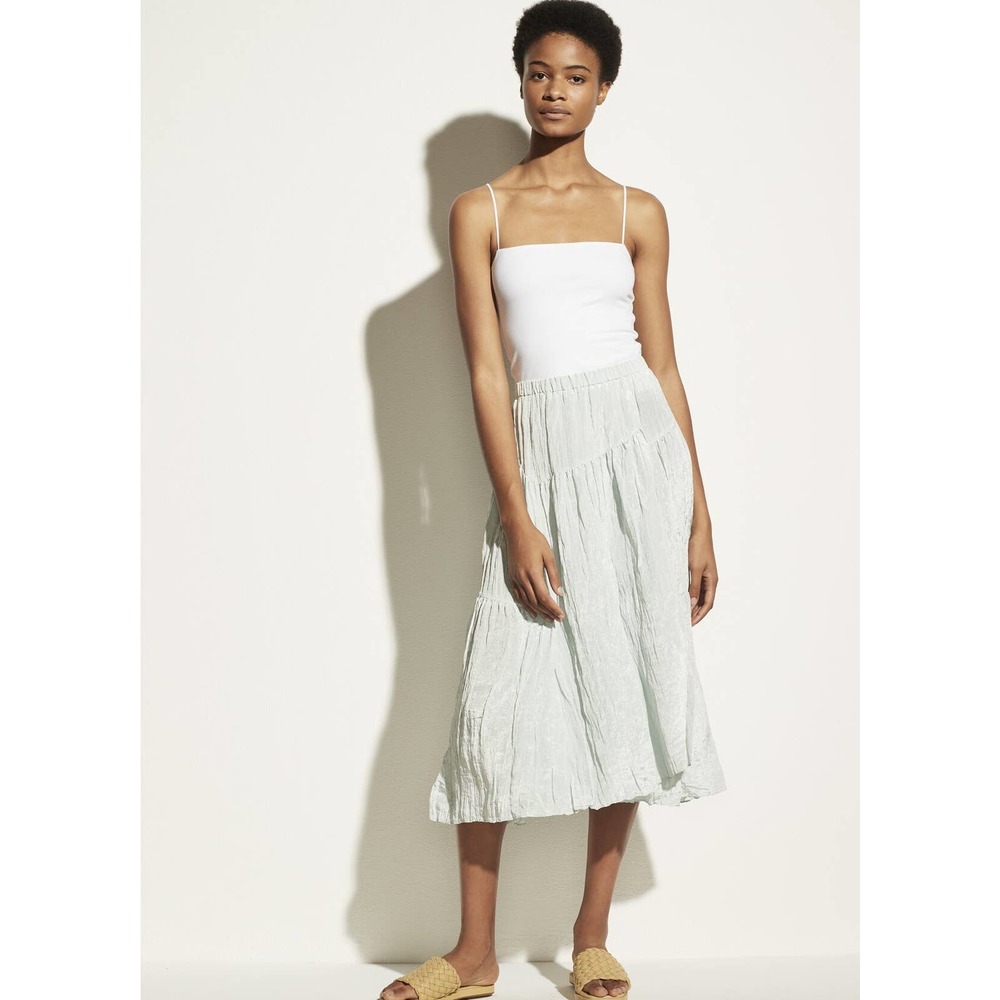 Vince. NWT Crinkled Satin Mint Green Tiered Asymmetrical Midi Small